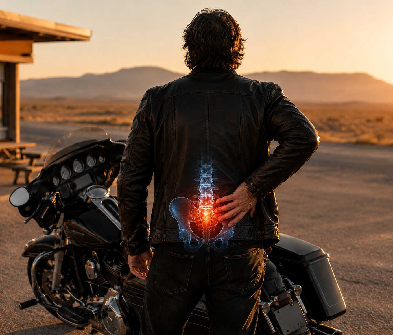 Rider seen from behind with glowing tailbone pain visualization next to his touring motorcycle