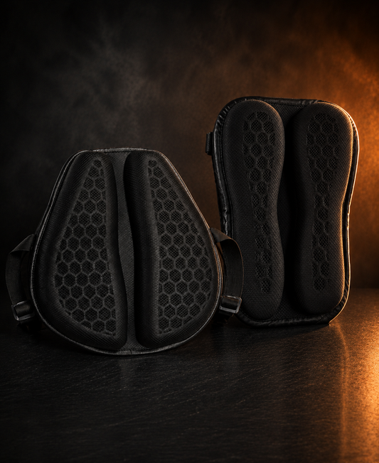 GelAura Rider and Passenger Gel Seat Cushions side by side, honeycomb gel detail, amber studio lighting