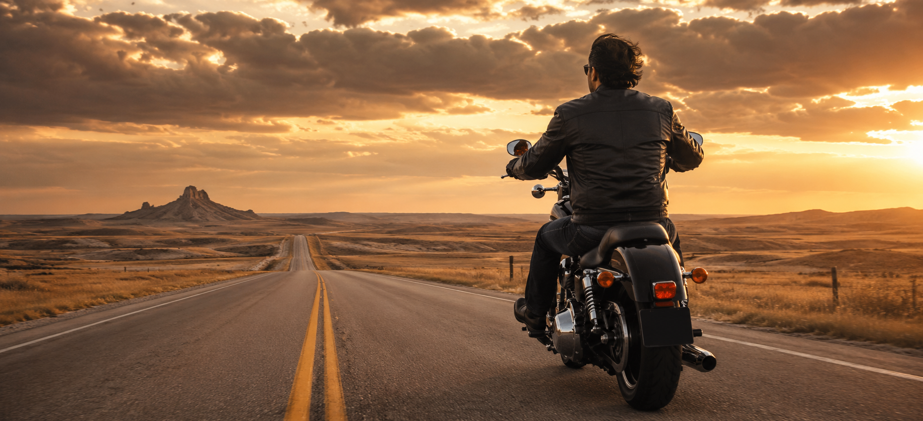 Rider on an open American highway at golden hour