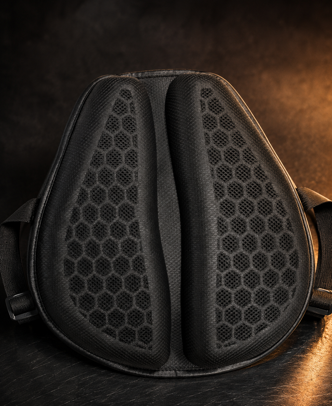 GelAura honeycomb gel cushion standing upright, dark studio lighting