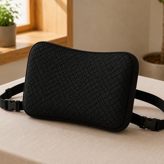 Coussin lombaire GelAura, housse mesh noire et deux sangles reglables a clips, pose sur une table en lin