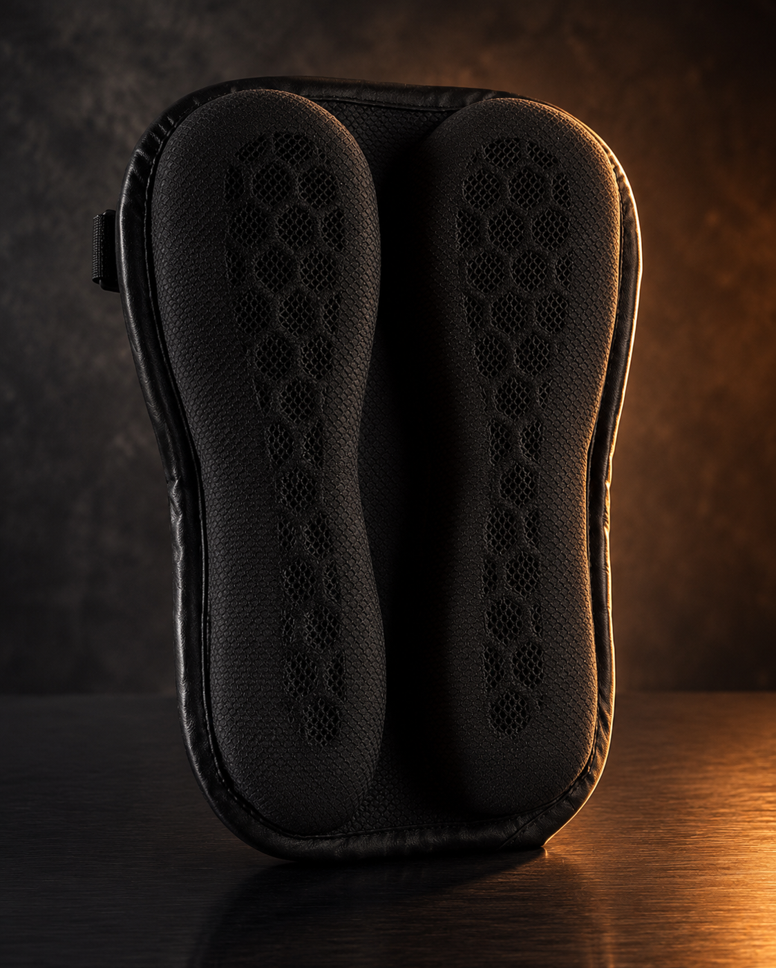 GelAura passenger gel seat cushion, premium dark studio shot with amber lighting