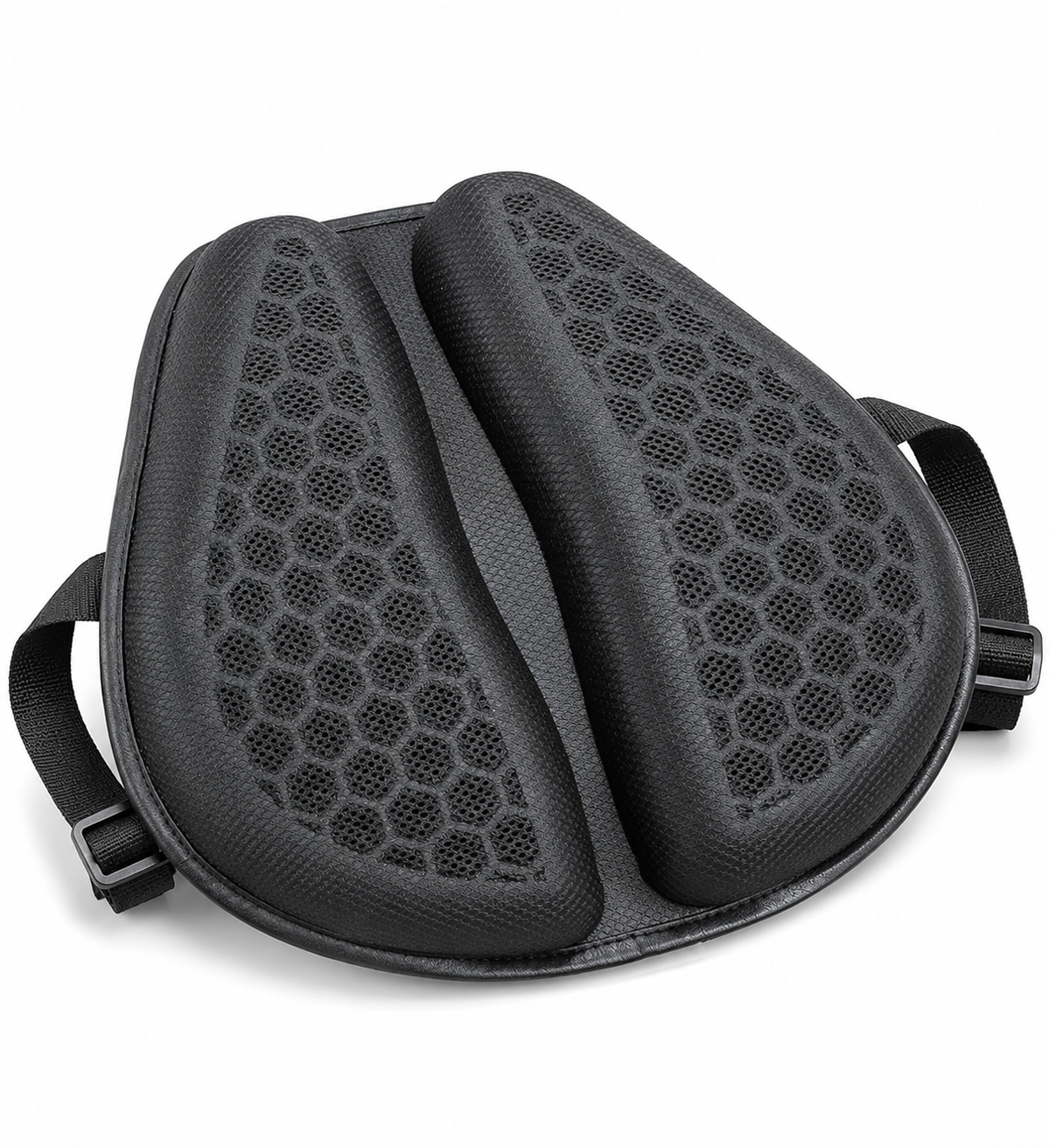 GelAura honeycomb gel motorcycle seat cushion, white background studio shot